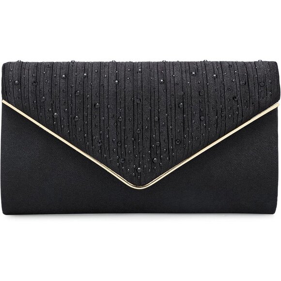 ⚡  Women's Evening Rhinestones Envelope Style Chain Strap Black Clutch Handbag - Picture 2 of 6